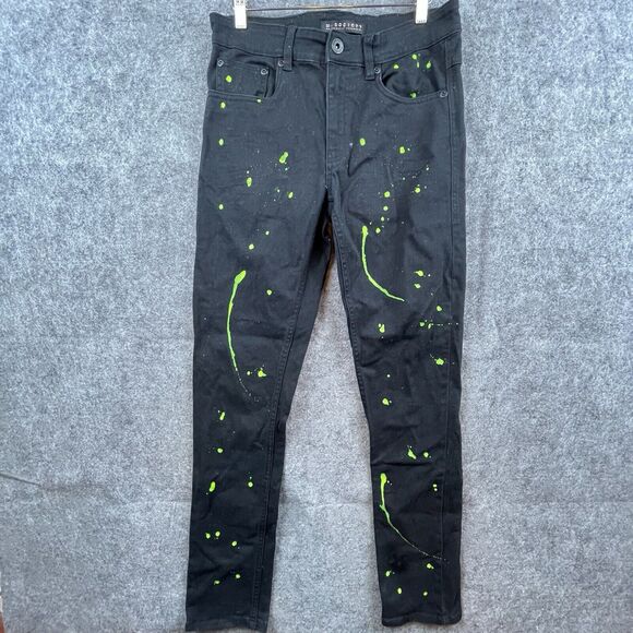 M Society Politically Incorrect Jeans Mens 32 Skinny Black Green Paint Splatter - Picture 1 of 8